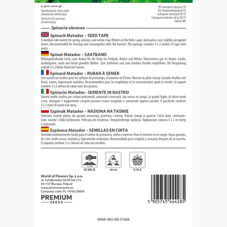 Epinard Matador - Ruban à semer - Sans amertume, Idéal pour la congélation